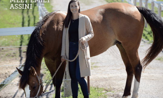Class Action Lawyer Emily Assini shown with a horse on the cover page of Neighbours of Riverbend Magazine