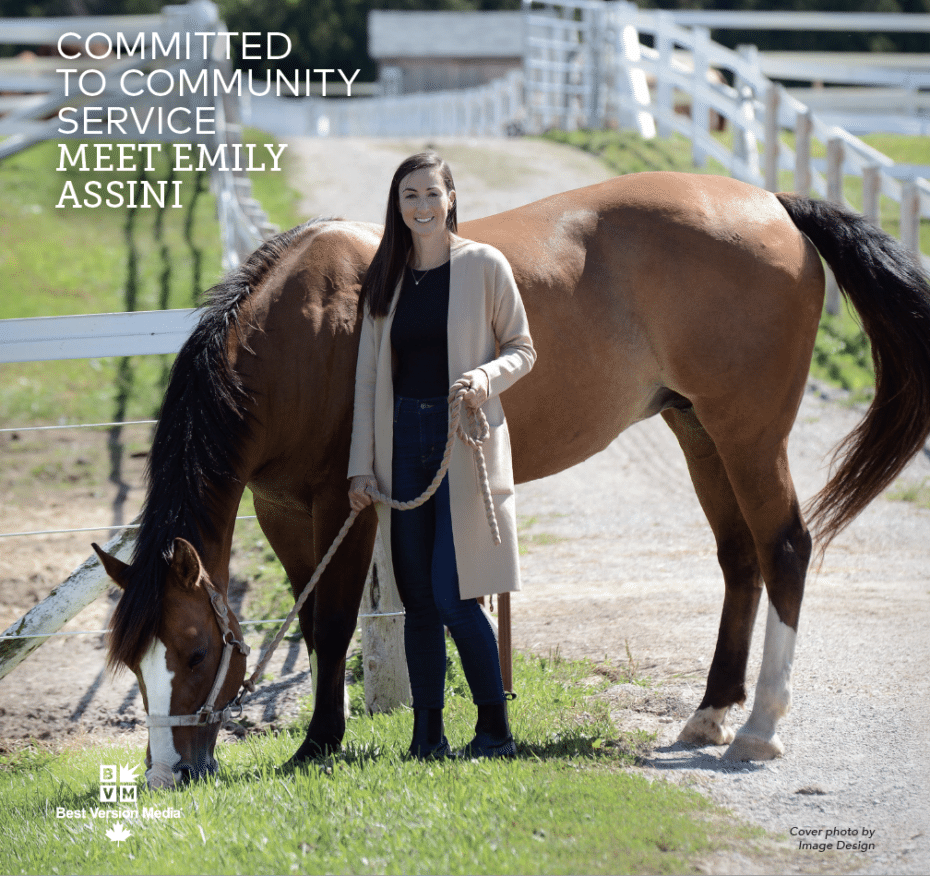 Class Action Lawyer Emily Assini shown with a horse on the cover page of Neighbours of Riverbend Magazine