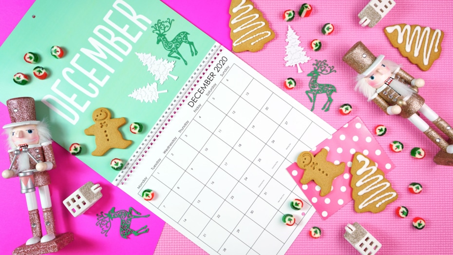 December 2020 calendar with nutcracker, Christmas cookies and other decor.
