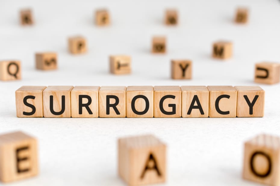 Surrogacy - word from wooden blocks with letters, a surrogate mother surrogacy concept, random letters around white background