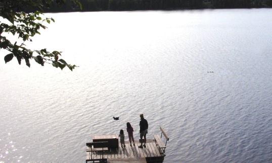 family on the dock at a cottage.