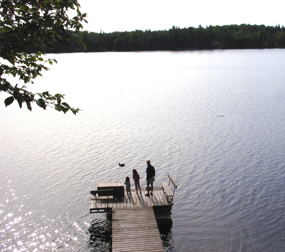 family on the dock at a cottage.