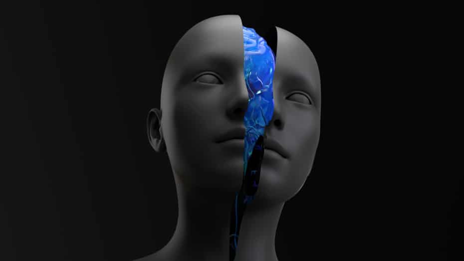 Black and white animated realistic face cracked in half, with a sliver of a blue brain visible.