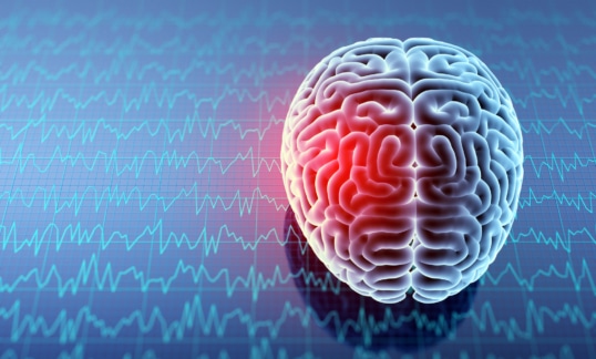 Graphic of a brain with an area highlighted in red. Brain is sitting on a blue line chart.