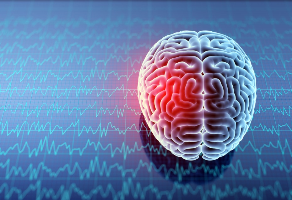 Graphic of a brain with an area highlighted in red. Brain is sitting on a blue line chart.