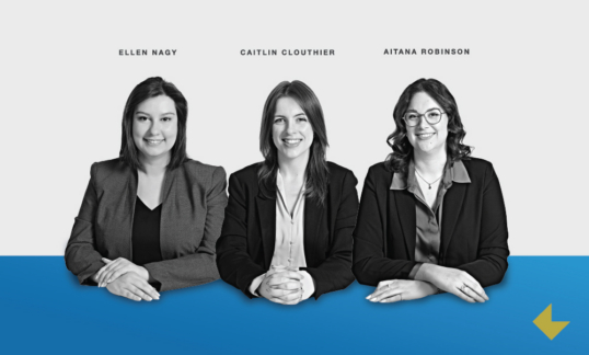 Group Photo of Ellen Nagy, Caitlin Clouthier and Aitana Robinson. Associate lawyers at McKenzie Lake Lawyers LLP.
