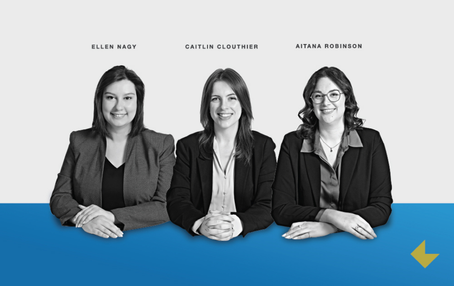 Group Photo of Ellen Nagy, Caitlin Clouthier and Aitana Robinson. Associate lawyers at McKenzie Lake Lawyers LLP.