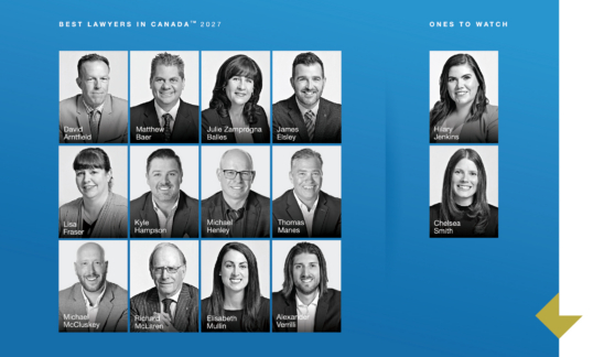 McKenzie Lake lawyers recognized in The Best Lawyers in Canada 2027: David Arntfield, Matthew Baer, Julie Zamprogna Balles, James Elsley, Lisa Fraser, Kyle Hampson, Michael Henley, Thomas Manes, Michael McCluskey, Richard McLaren, Elisabeth Mullin and Alexander Verrilli; Ones to Watch: Hilary Jenkins and Chelsea Smith.