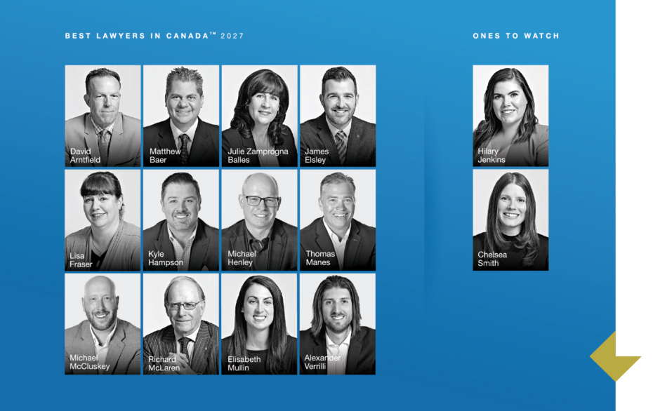 McKenzie Lake lawyers recognized in The Best Lawyers in Canada 2027: David Arntfield, Matthew Baer, Julie Zamprogna Balles, James Elsley, Lisa Fraser, Kyle Hampson, Michael Henley, Thomas Manes, Michael McCluskey, Richard McLaren, Elisabeth Mullin and Alexander Verrilli; Ones to Watch: Hilary Jenkins and Chelsea Smith.