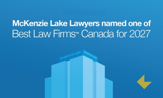 Illustration of McKenzie Lake's office building and text that reads "McKenzie Lake Lawyers named one of Best Law Firms Canada for 2027